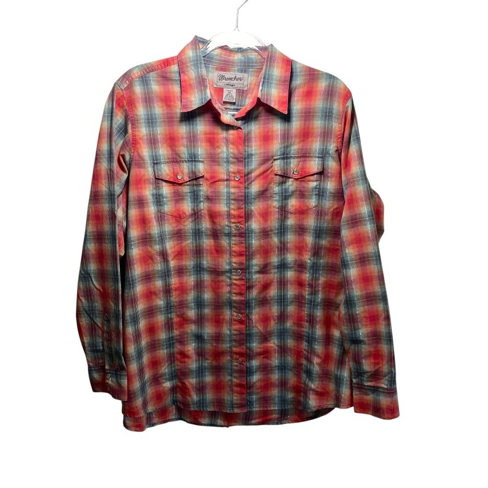 Wrangler Wrancher‎ Western Plaid Rodeo Pearl Snaps Top Button Up Womens XXL Pink